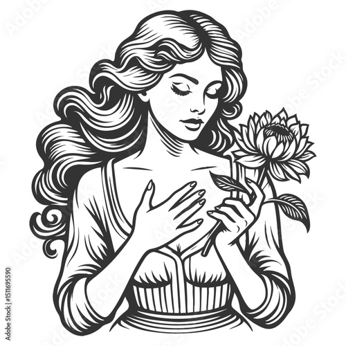 woman holding a flower to her chest, symbolizing love, peace, and inner beauty sketch engraving generative ai fictional character vector illustration. Scratch board imitation. Black and white image.