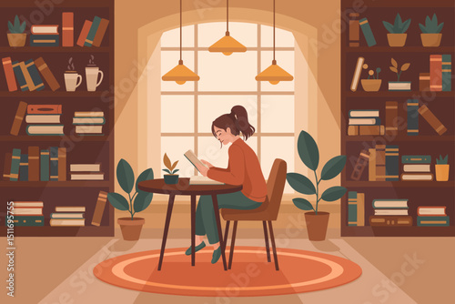 Woman Reading in Cozy Library Corner