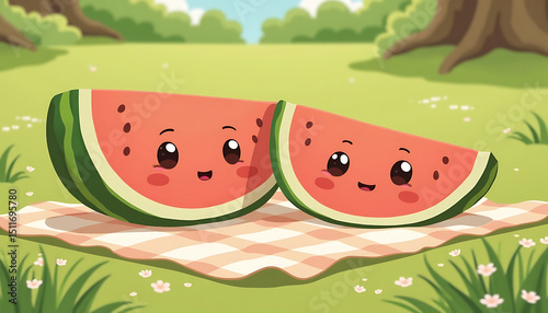 Watermelon Slices on Picnic Blanket Cartoon Summer Day