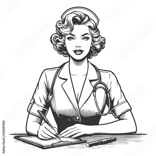 cheerful nurse with a classic cap and curly hair, symbolizing care and professionalism sketch engraving generative ai vector illustration. Scratch board imitation. Black and white image.