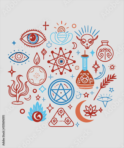 Hand Drawn Doodle Style Magic Symbols in Red and Blue Colors