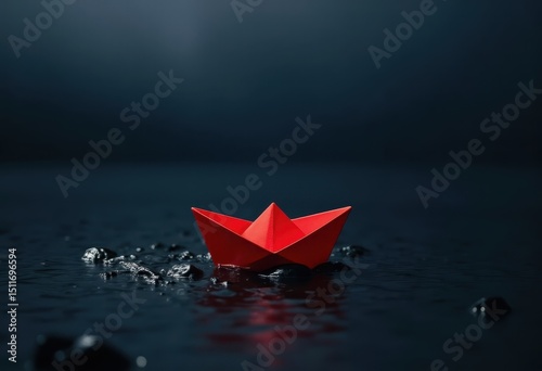 a solitary red paper boat floating on dark, calm water, with subtle reflections or glowing light. representing challenges, new beginnings, exploration, or a sense of being lost yet determined.