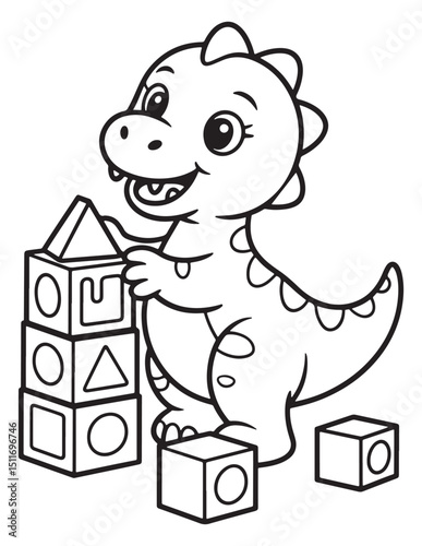 Cute Baby Dinosaur Stacking Blocks and Playing – Coloring Page