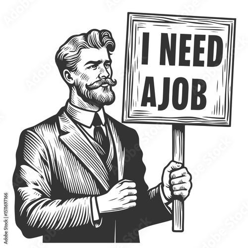 serious man in a suit holding a wooden sign reading I NEED A JOB, symbolizing unemployment and economic struggle sketch engraving generative ai vector illustration. Scratch board. Black and white.