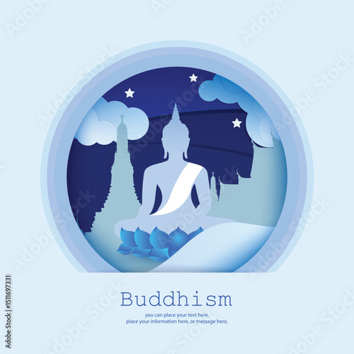 Buddha statue meditating on a lotus paper art vector illustration blue background - Buddhism Magha Puja, Asanha Puja, Vesak Puja Day, Thailand culture