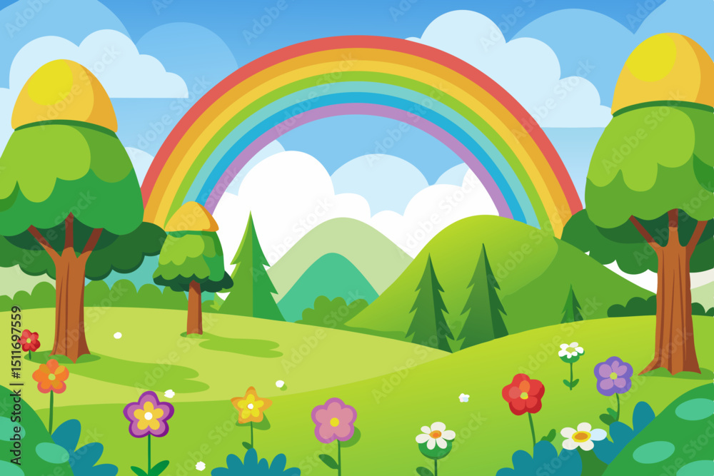 Fototapeta premium Spring Forest Landscape with Meadow and Rainbow Vector