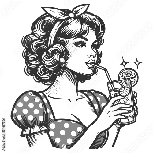 woman in polka dot dress sipping a cold lemonade, evoking classic summer charm and nostalgic elegance sketch engraving generative ai vector illustration. Scratch board imitation. Black and white.