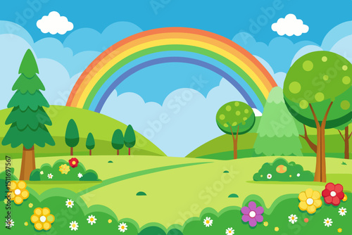 Spring Forest Landscape with Meadow and Rainbow Vector