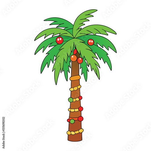 A palm tree twinkles with Christmas lights and ornaments, blending tropical vibes with holiday cheer under a starry sky or sunny beach backdrop.
