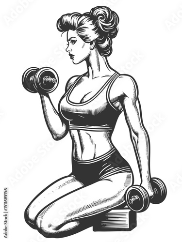 athletic woman kneeling and exercising with dumbbells, symbolizing fitness and health sketch engraving generative ai fictional character vector illustration. Scratch board imitation. Black and white.