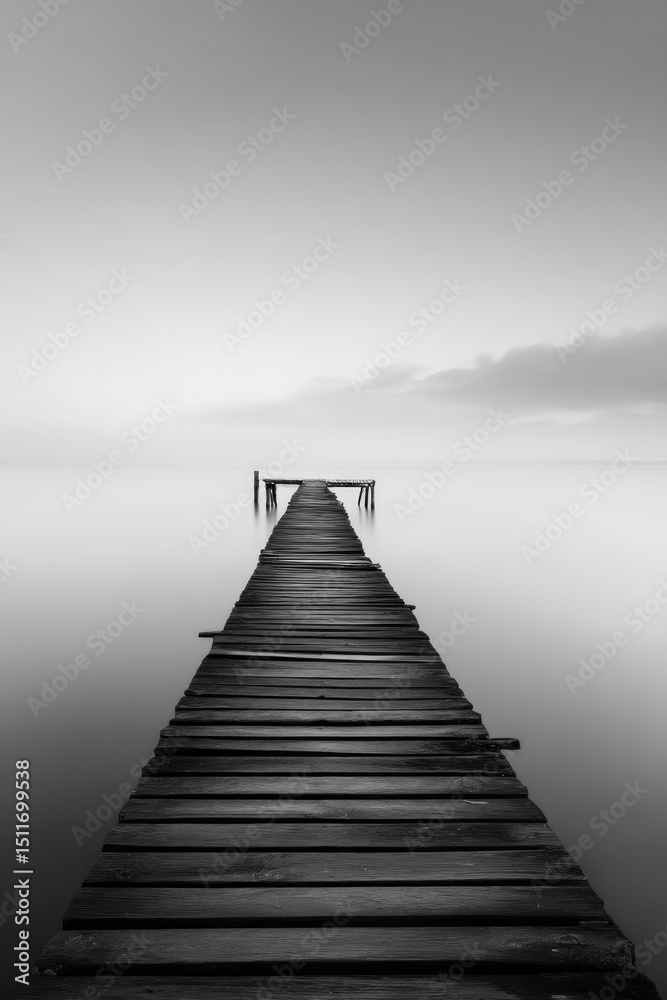 Fototapeta premium A long exposure monochrome photograph of a wooden pier that captures the essence of tranquility and minimalist beauty.