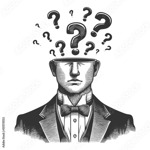 man with an open head and question marks floating out, symbolizing confusion or deep thought sketch engraving generative ai vector illustration. Scratch board imitation. Black and white image.