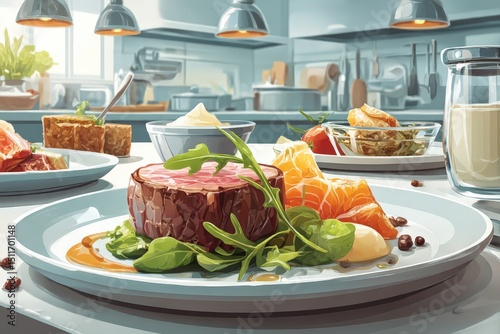 Gourmet Delight: Elegant Culinary Presentation of Gourmet Beef and Fresh Vegetables in Modern Restaurant Kitchen Ambience with Flawless Light