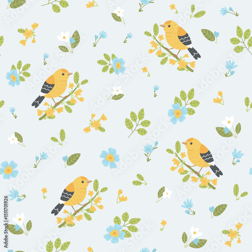 Cute pattern with canary. Vector seamless texture with cartoon little yellow birds on branches with flowers on blue background. Spring blooming trees. Template for wrapping paper or textile.