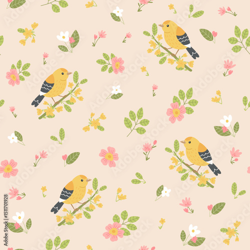 Cute pattern with canary. Vector seamless texture with cartoon little yellow birds on branches with flowers on beige background. Spring blooming trees. Template for wrapping paper or textile.