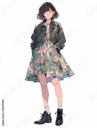 Young anime woman illustration, standing confidently, hands in pockets, floral dress, leather jacket, black boots, character portrait