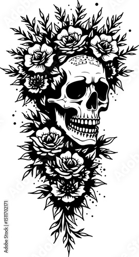 Floral Skull with Roses and Leaves Tattoo's ornament vector design