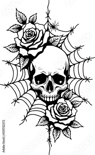 Floral Skull with Roses and Leaves Tattoo's ornament vector design