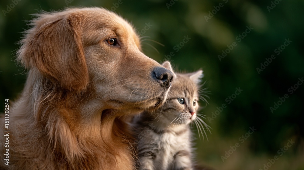 Obraz premium Golden retriever and kitten sharing a peaceful moment, soft fur glowing in warm light. Harmony between unlikely friends.
