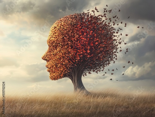 Dementia Brain. Transformation of Aging Mind Like an Autumn Tree