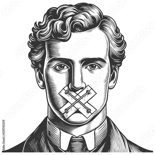 man with tape over his mouth, symbolizing censorship, silence, and suppressed expression or speech sketch engraving generative ai vector illustration. Scratch board imitation. Black and white image.