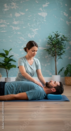 Massage therapy session focused on relaxation and wellness in a tranquil indoor setting with a plant in the background