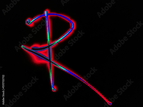 Glowing English letter R. On a black background with colored neon lines, a letter of the English alphabet is written by hand. The letter glows pink-red, creating a green-blue halo around it.