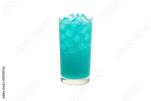 Bright turquoise blue beverage with ice cubes in clear tall drinking glass, isolated on a transparent background photo