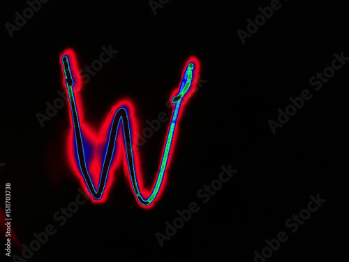 Glowing English letter W. On a black background with colored neon lines, a letter of the English alphabet is written by hand. The letter glows pink-red, creating a green-blue halo around it.