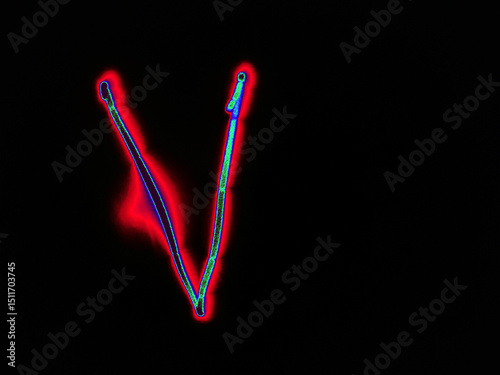 Glowing English letter V. On a black background with colored neon lines, a letter of the English alphabet is written by hand. The letter glows pink-red, creating a green-blue halo around it.