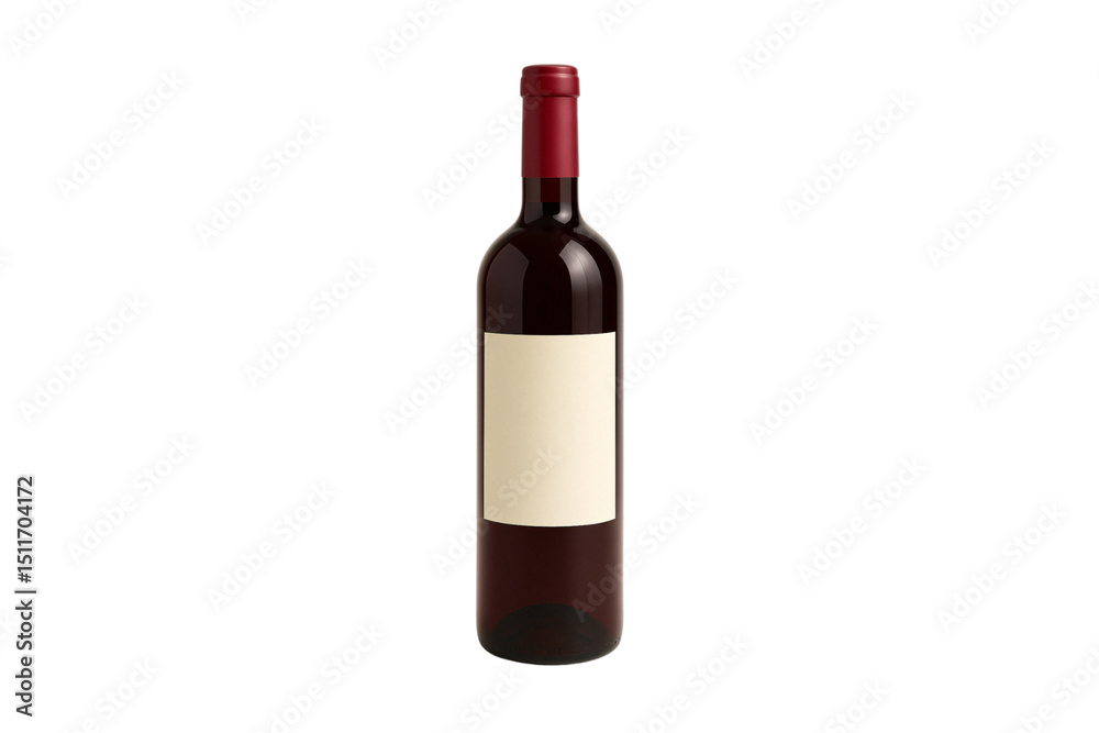 Obraz premium Dark red wine in standard wine bottle with blank cream label and cork, isolated on a transparent background