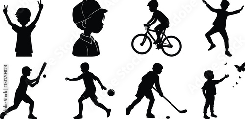 Happy children vector silhouette set, kids vector silhouette bundle isolated on transparent background