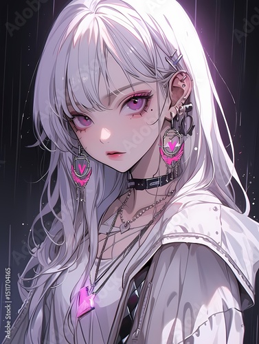 Young anime girl with long white hair, pink eyes, cyberpunk accessories, rainy background