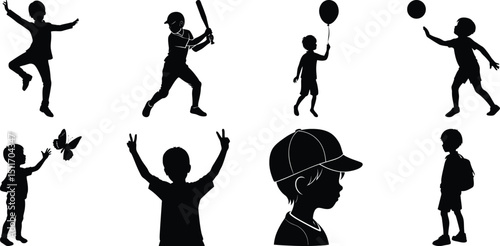 Happy children vector silhouette set, kids vector silhouette bundle isolated on transparent background
