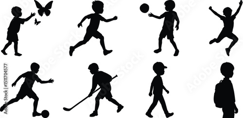 Happy children vector silhouette set, kids vector silhouette bundle isolated on transparent background