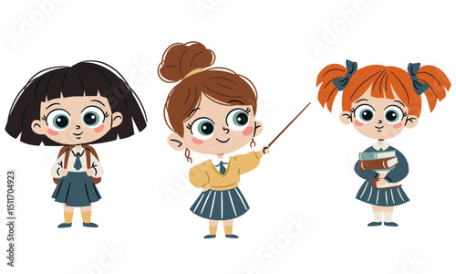 A set of flat vector illustrations in a simple children's style. Cute schoolgirls with textbooks and pointing pointer on white background. Vector illustration