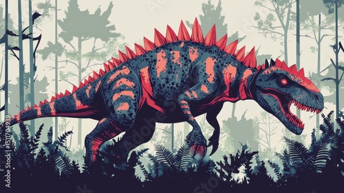 Dinosaur Poster. Fun and Funny Animal from Primitive Times in a Forest Illustration