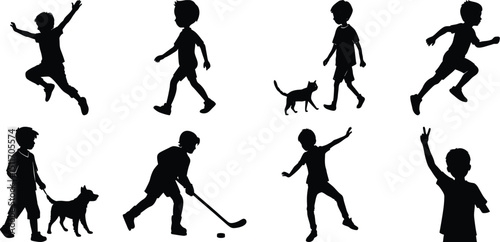 Children playing running silhouette set. Children activity vector isolated on white transparent background
