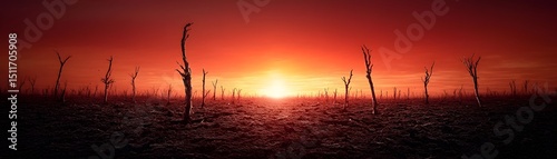 A vast, burning wasteland where the air itself shimmers with unbearable heat, distant mountains reduced to dust, abandoned relics of human civilization buried in the sand