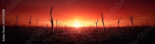 Obraz A vast, burning wasteland where the air itself shimmers with unbearable heat, distant mountains reduced to dust, abandoned relics of human civilization buried in the sand