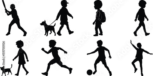 Children playing running silhouette set. Children activity vector isolated on white transparent background
