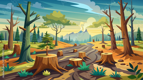 Climate Change Impact ,A deforested area with smoking tree stumps and remnants of trees, illustrating the impact of logging and environmental degradation