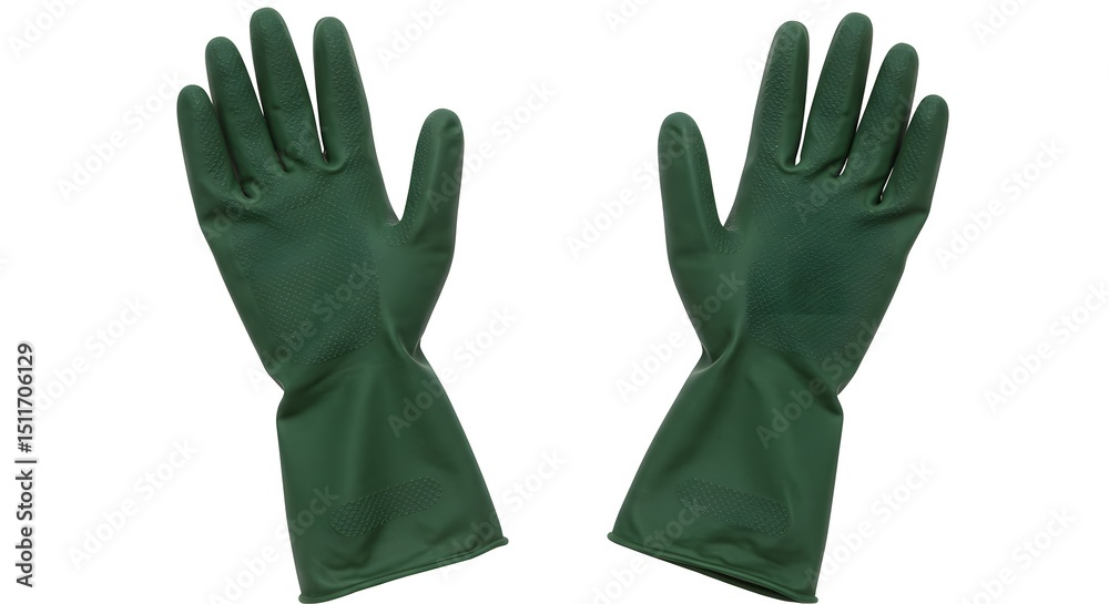 Obraz premium Two green rubber gloves isolated on a white background for cleaning or protection