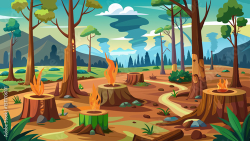 Climate Change Impact ,A deforested area with smoking tree stumps and remnants of trees, illustrating the impact of logging and environmental degradation