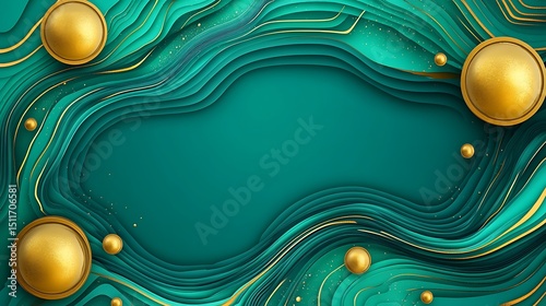 Teal abstract background with gold spheres