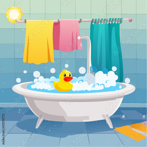 Adorable Yellow Rubber Duck in a Bubbly Bath Cartoon Illustration