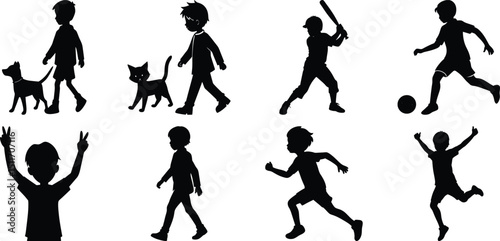Children playing running silhouette set. Children activity vector isolated on white transparent background
