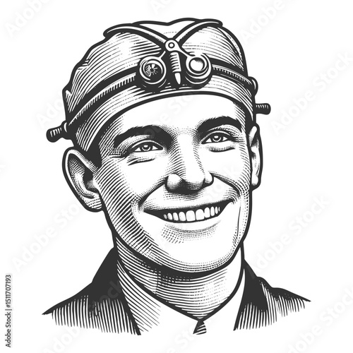 cheerful male doctor or surgeon wearing a classic head mirror tool and uniform sketch engraving generative ai fictional character vector illustration. Scratch board imitation. Black and white image.