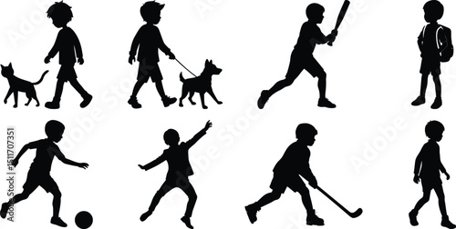 Children playing running silhouette set. Children activity vector isolated on white transparent background
