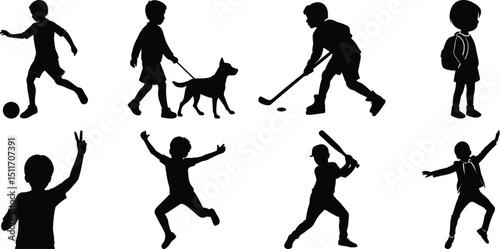 Children playing running silhouette set. Children activity vector isolated on white transparent background
